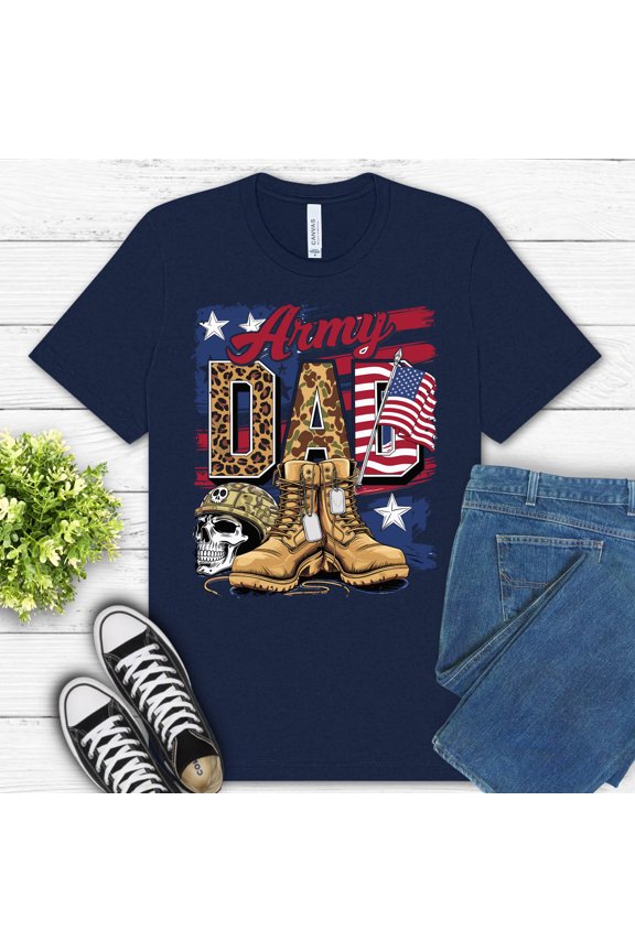 Army Dad T-Shirt Patriotic Camo Boots Flag Skull Military Gift Tee , Navy, L