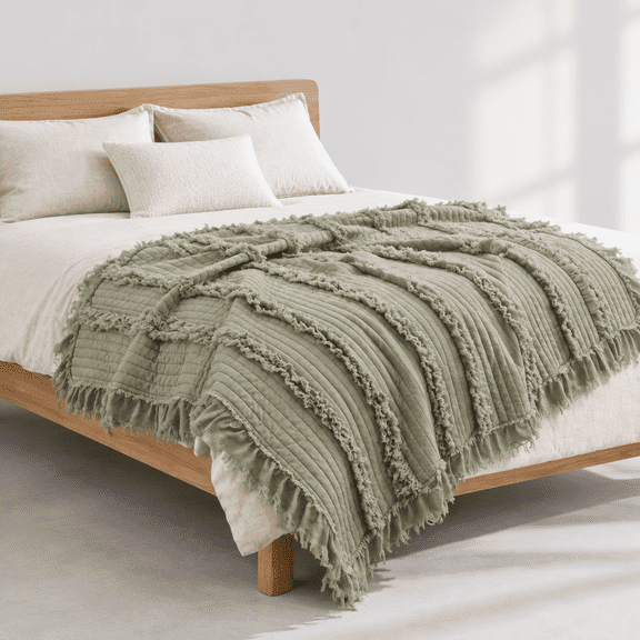 Army Green 60"x80" Quilted Boho Throw Blanket for Bed Sofa Couch