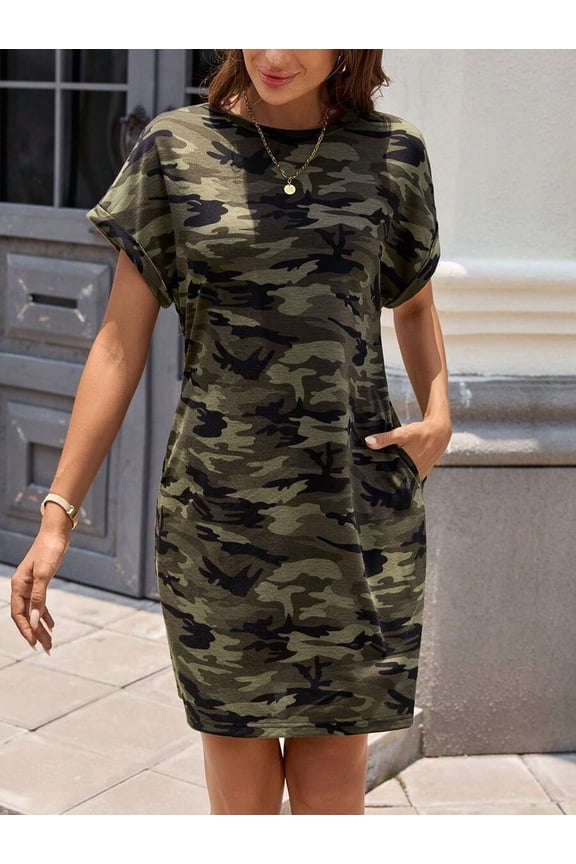 Army Green Camo Print Loose Drop Shoulder Round Neck T-Shirt Dress For Women Summer Casual Comfortable