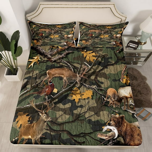 Army Green Camouflage Bed Sheets 3d Bear Elk Deer Sheets,Reindeer Moose Grunge Tree Branch Fitted Sheet Queen Retro Plant Leaves Bed Set,Vintage Camo Farmhouse Rustic Home Decor