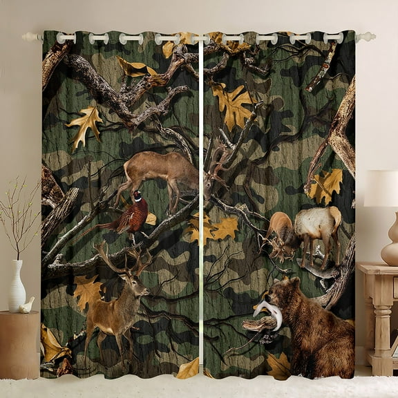 Army Green Camouflage Curtains & Drapes 3d Bear Elk Deer Curtains,Reindeer Moose Grunge Tree Branch Blackout Curtains Retro Plant Leaves Vintage Camo Farmhouse Rustic Home Decor