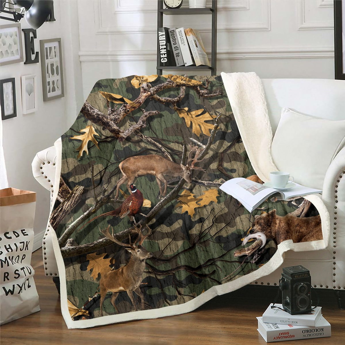 Army Green Camouflage Throw Blanket 3d Bear Elk Deer Fleece Blanket