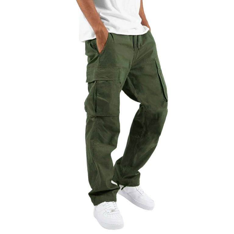 Army Green Cargo Pants Mens Street Casual Sports Multi Pocket Foot Hat Rope  Waist Tie Solid Color Woven Cargo Pants