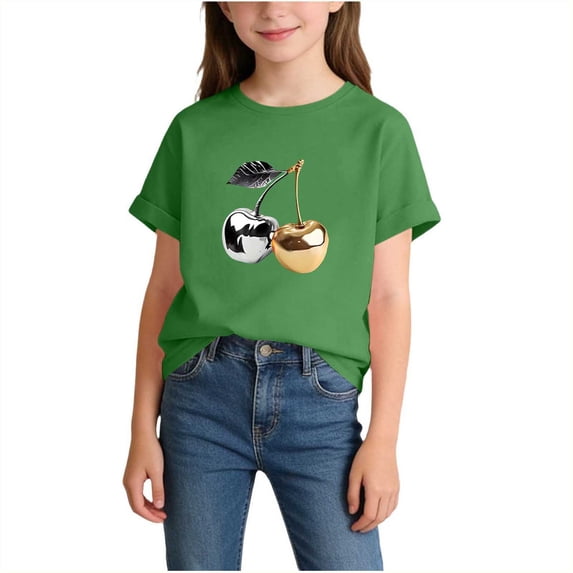 Army Green Cherry Fruit Print T-Shirt for Kids Girls Soft Knit Crewneck Short Sleeve Cute 2 Years,Size 4 T