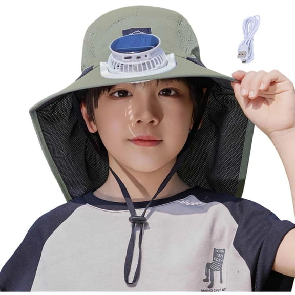 Army Green Childrens Sun Hat Big Brim Fisherman Style Solar Fan Outdoor Sun Protection 48-55Cm Circumference Includes Usb Cable Fan Army Green Shade Unisex #jQ2Q2