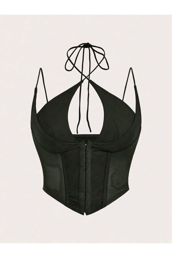 Army Green Corset Cami Top With Halter Tie Front And Mesh Panel