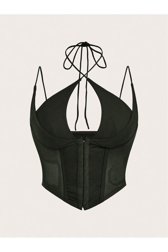 Army Green Corset Cami Top With Halter Tie Front And Mesh Panel