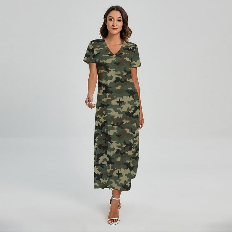 Army Green Digital Camo Pattern Printed Short Sleeve Maxi Dress