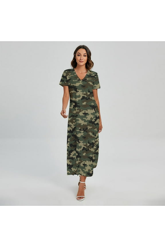 Army Green Digital Camo Pattern Printed Short Sleeve Maxi Dress, Camo Camouflage Fashion Summer Maxi Dress For Women