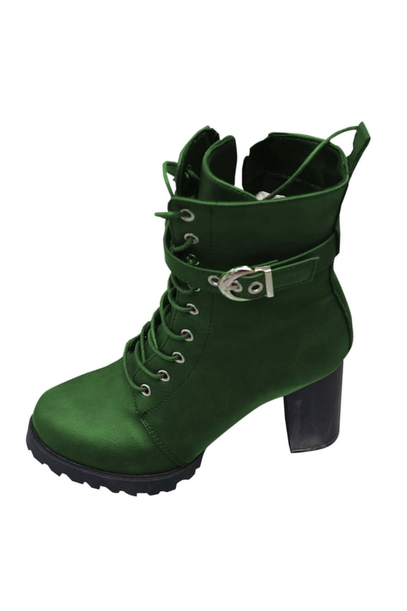 Army Green Females Everyday Fashionable Belt Detail High Heel Thick Sole Large Measurements Cold Season Style Cozy Sturdy Heel Short Boots For Outdoor Activities