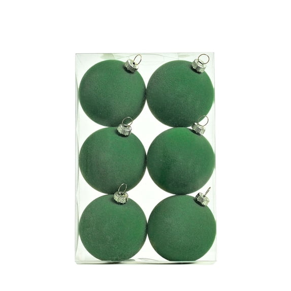 Army Green Flocked Christmas Ball Ornaments with Metal Caps, Set of 6