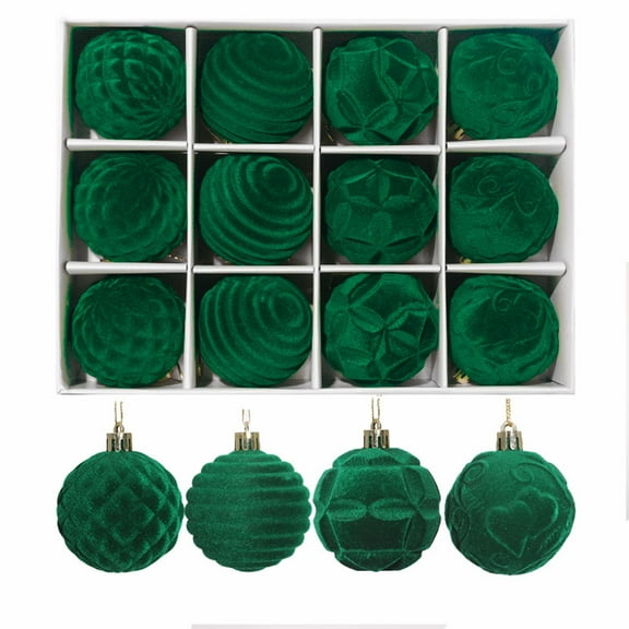 Army Green 2.36 Inches Flocked Christmas Ornaments 12-Pack Boxed Set Plastic Painted Velvet Tree Pendant Holiday Decorations Army Green Color