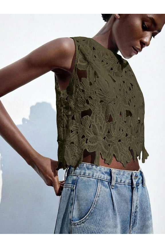 Army Green Floral Water-Soluble Lace Crop Top, Casual Vacation Beach Cover Up, Summer Wear