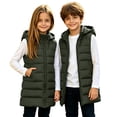 thumbnail image 1 of Army Green Girls Puffer Vest Size 10-12 Years, Unisex Kids Lightweight Zip Up Hooded Winter Vests, Sleeveless Quilted Long Jackets, 1 of 9