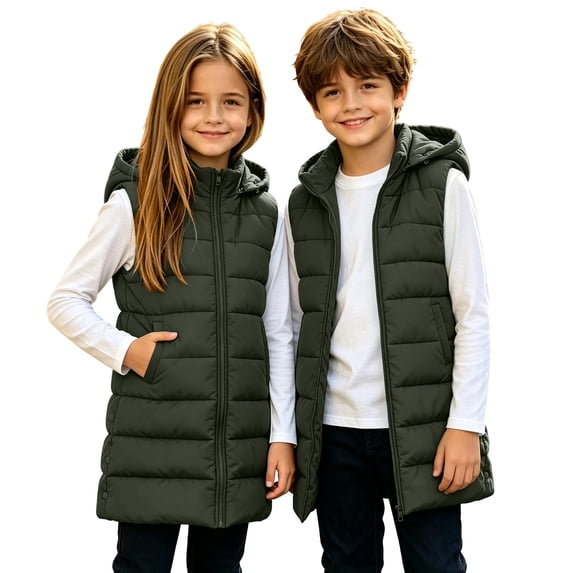Army Green Girls Puffer Vest Size 10-12 Years, Unisex Kids Lightweight Zip Up Hooded Winter Vests, Sleeveless Quilted Long Jackets