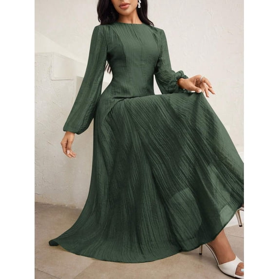 Army Green High Neck Long Sleeve Ruched Waist Flowy Maxi Dress