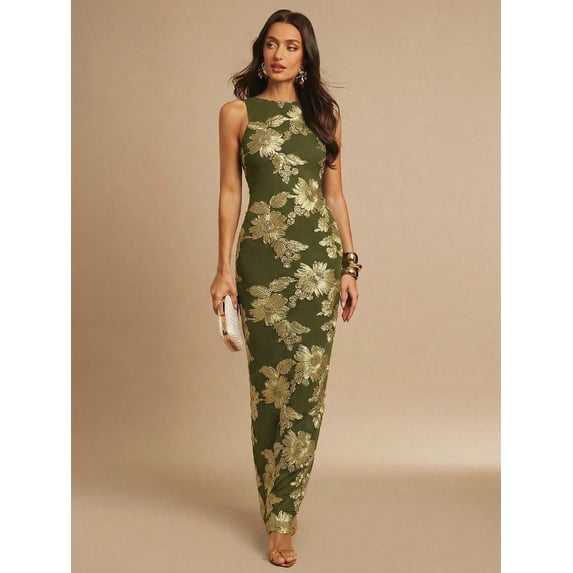 Army Green Jacquard Sleeveless Fitted Maxi Dress With Gold Floral Embroidery, Low Back