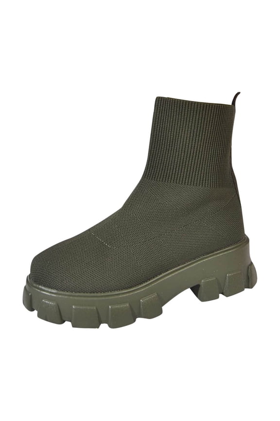 Army Green Ladies Ankle Sock Boots Winter Mesh Elastic Short Tube Round Toe Chunky Low Heel Solid Color Non-Slip Warm Casual Daily Wear Footwear Size 37