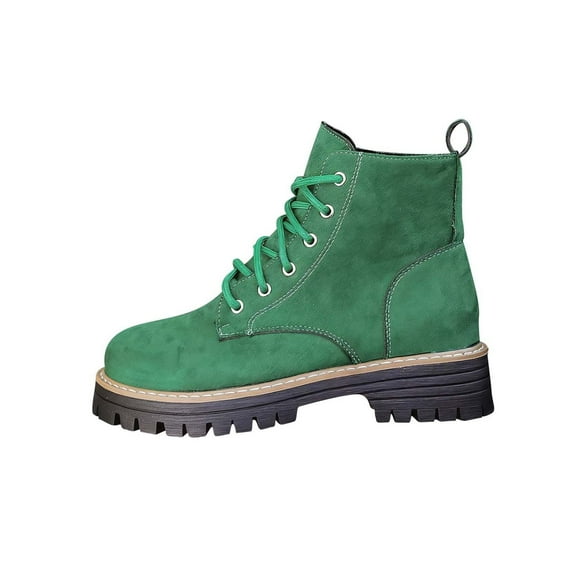 Army Green Ladies Fashionable Winter Boots Solid Color Round Toe Front Lace Up Thick Heel For Outdoor And Indoor Wear