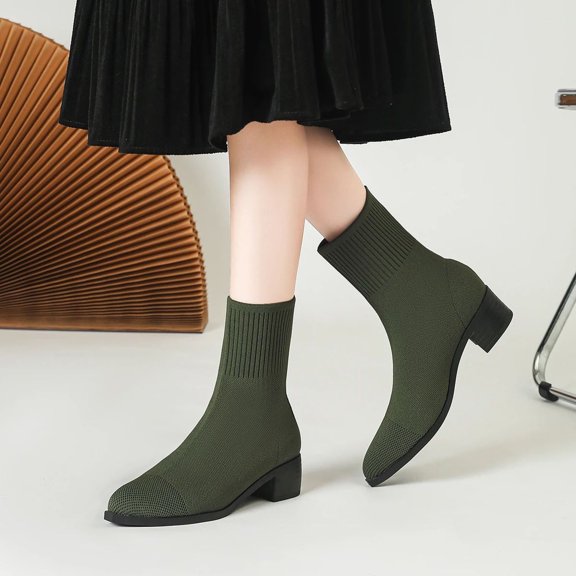 Army Green Women'S Knitted Sock Ankle Boots Pointed Toe Chunky High Heel Elastic Solid Color Fashion Casual Shoes Size 36 Eu Weight 1.30 Lb