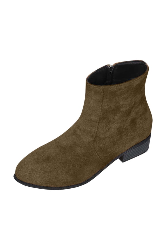 Army Green Ladies Side Zipper Ankle Boots With Suede Material For Fashionable Casual Fall Winter Low Heel Wear