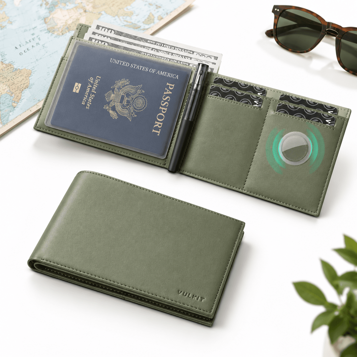 Army-Green Leather Passport Holder with Airtag Pocket, Slim Travel ...