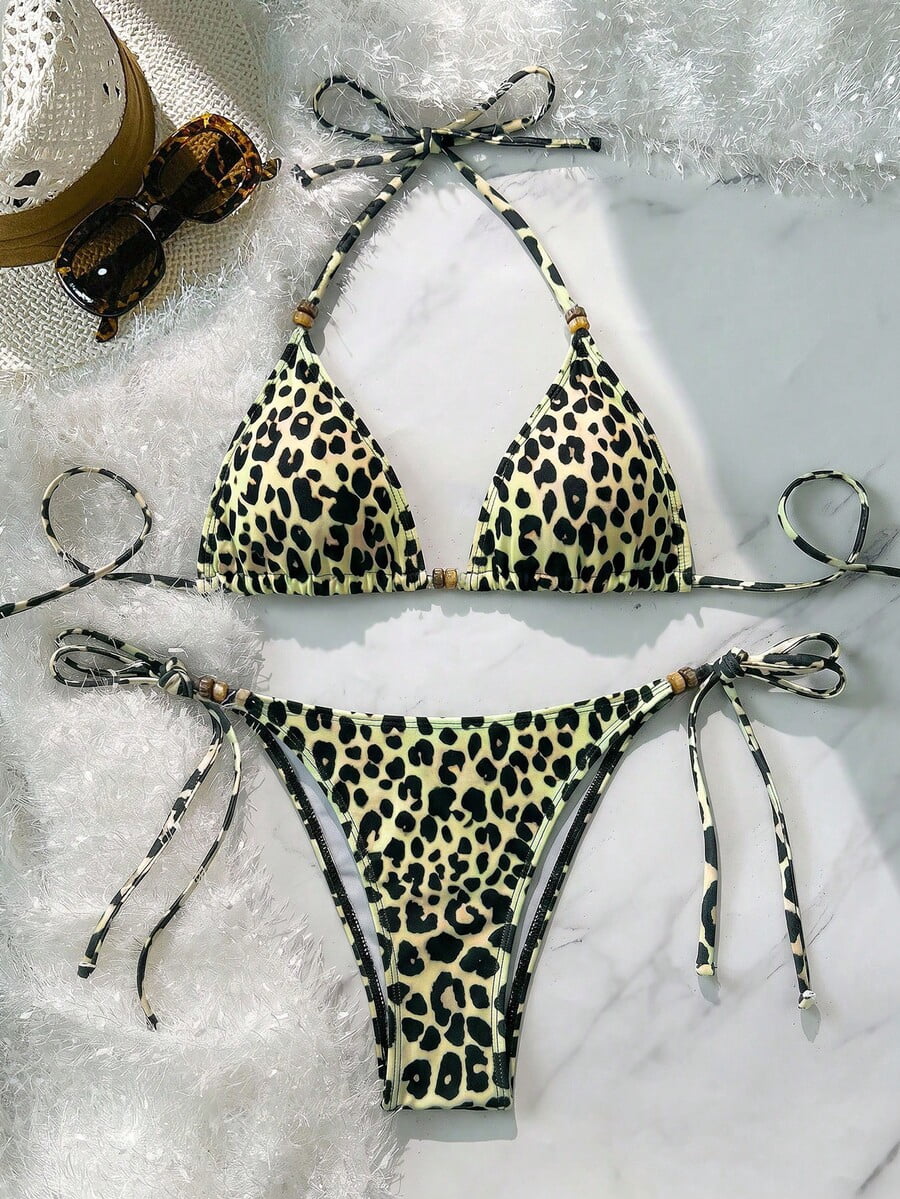 Army Green Leopard Print Tie-Up Beaded Bikini Set Women Two-Piece ...
