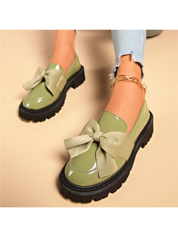 Army Green Loafers For Women Shiny Leather Bow Detail Light Flat British Style Solid Color Versatile Fall Winter Casual Soft Office Shoes Size 36