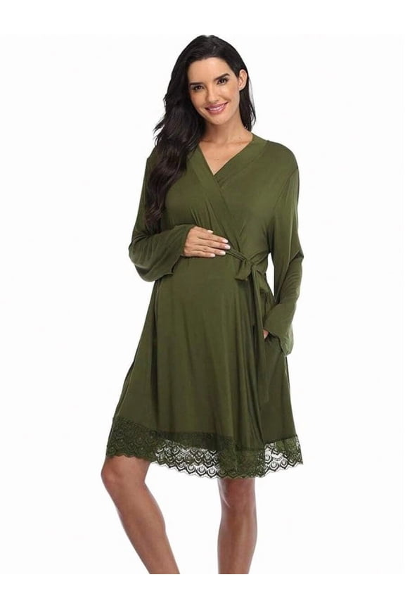Army Green Maternity Wrap Robe With Lace Trim - Soft Knit Nursing Sleepwear