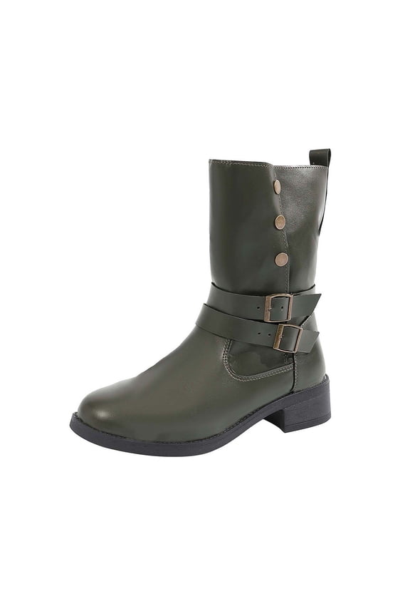 Army Green Mid-Calf Boots For Women Round Toe With Buckle Detail Chunky Heel Low-Heel Comfortable Casual Shoes Winter Everyday Wear Size 41