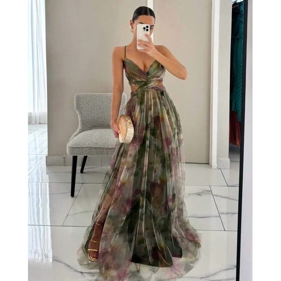 Army Green Multicolor Mesh Wrap Maxi Dress With V-Neck And Cutout Waist