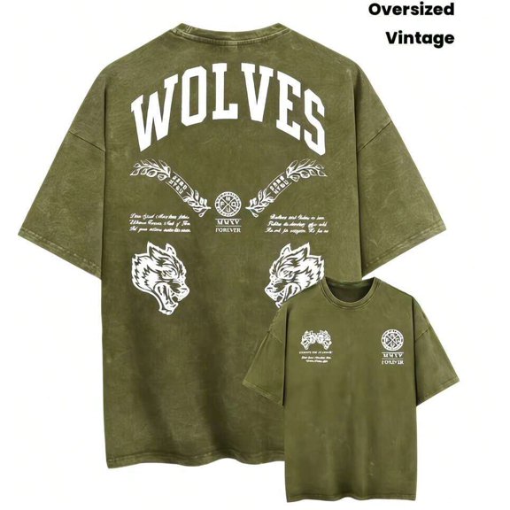 Army Green Oversized Vintage Washed Wolf Graphic T-Shirt, Unisex Loose Fit Casual Tee