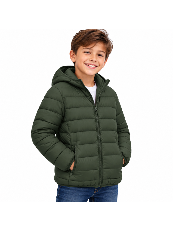 Army Green Padded Jacket for Boys Size 11-12 Years, Lightweight Warm School Day Layer for Boys