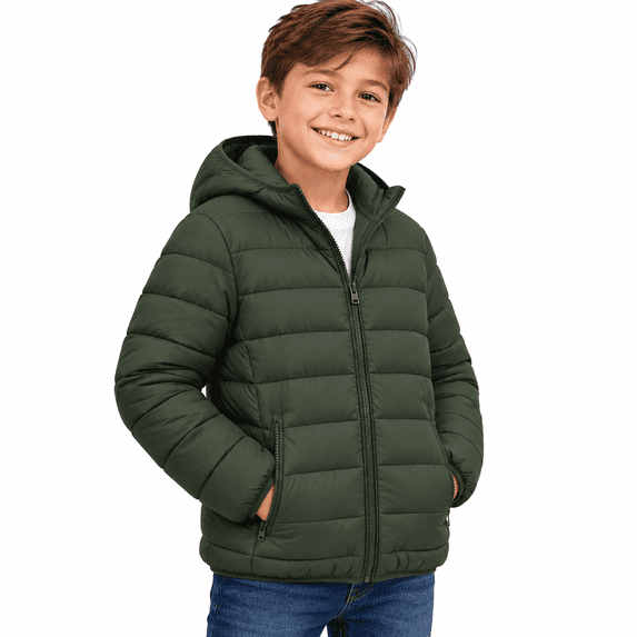 Army Green Padded Jacket for Boys Size 9-10 Years, Lightweight Warm School Day Layer for Boys