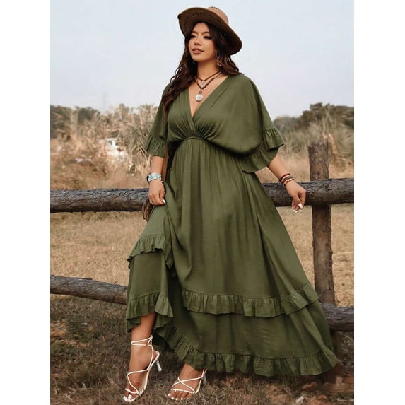 Army Green Plus Size Casual Vacation Tie Front Maxi Dress With Ruffles, Spring Summer