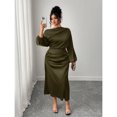 thumbnail image 1 of Army Green Satin Asymmetric Off-Shoulder Ruched Waist A-Line Midi Dress, 1 of 5