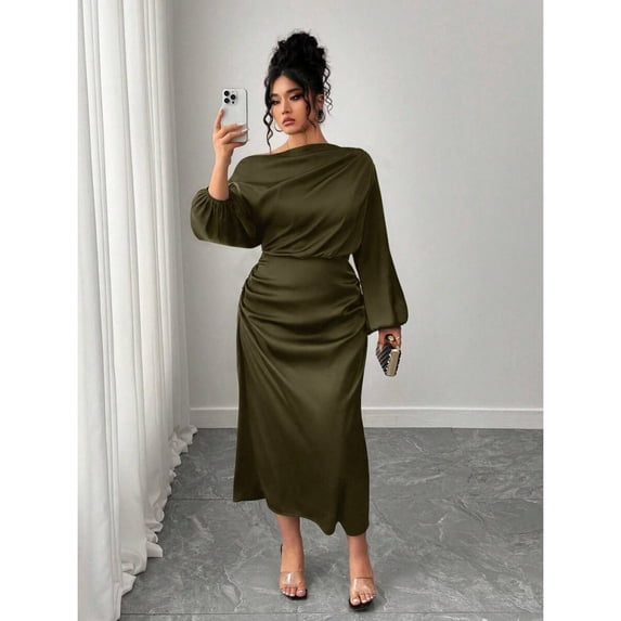 Army Green Satin Asymmetric Off-Shoulder Ruched Waist A-Line Midi Dress