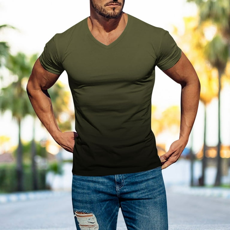 Army Green Shirts For Men Mens Spring Summer Casual Sports Comfortable Soft  Gradient Solid Color Slim Short Sleeve V Neck T Shirt 