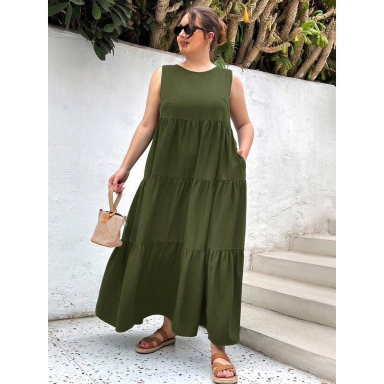 Army Green Sleeveless Tiered Maxi Dress With Pockets, Loose Casual Summer Holiday Dress For Women