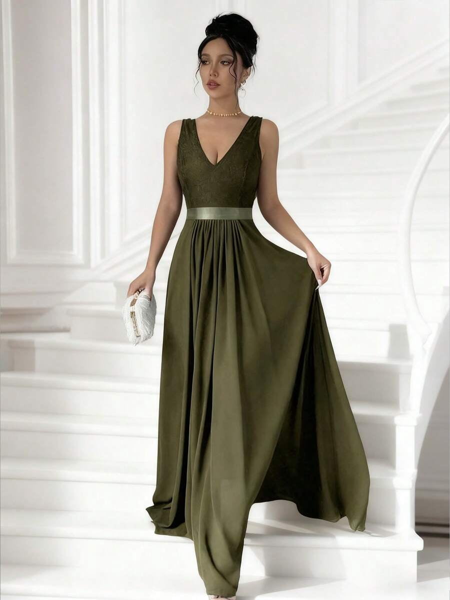 Army Green Sleeveless VNeck Lace Bodice Cinched Waist ALine Maxi — free download