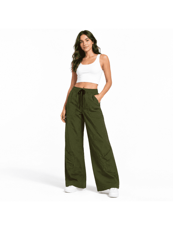 Army Green Small Women's Wide Leg Pull-on Travel Pants with Pockets