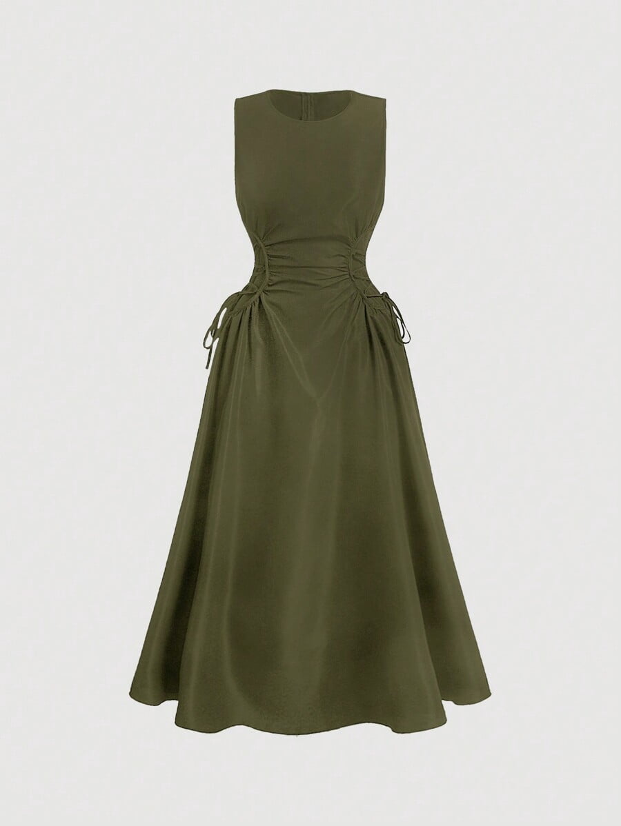 ruched side sleeveless dress Sleeveless Ruched Side Midi Dress - LARGE / Black