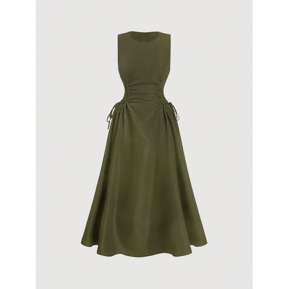 Army Green Solid Ruched Side Tie Sleeveless A-Line Dress For Women