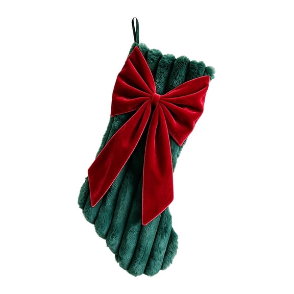 Army Green Striped Plush Christmas Stocking with Oversized Velvet Bow, 18.9 in Mantel Decor