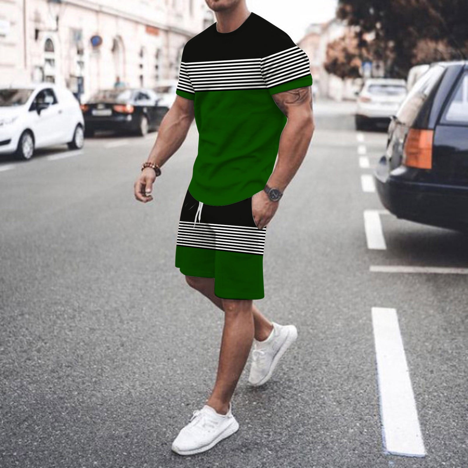 Dark green shorts outfit deals men