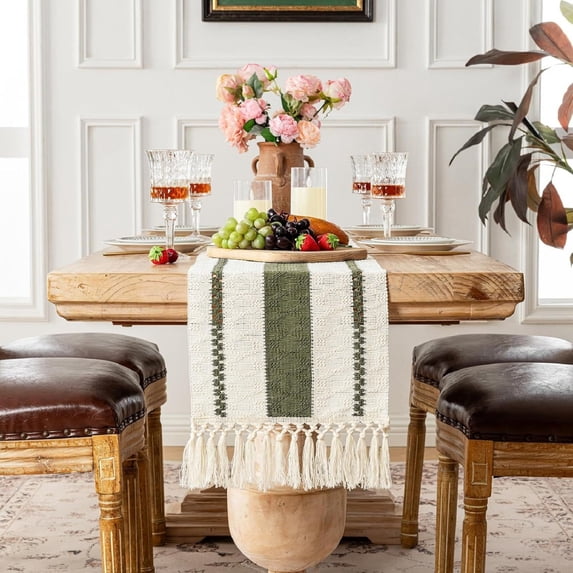 Army Green Table Runner 72 inches Long Boho Macrame Table Runner for Home Decor, Farmhouse Table Runners with Tassels for Party Bohemian Rustic Bridal Shower Dining Decor 12x72 inches