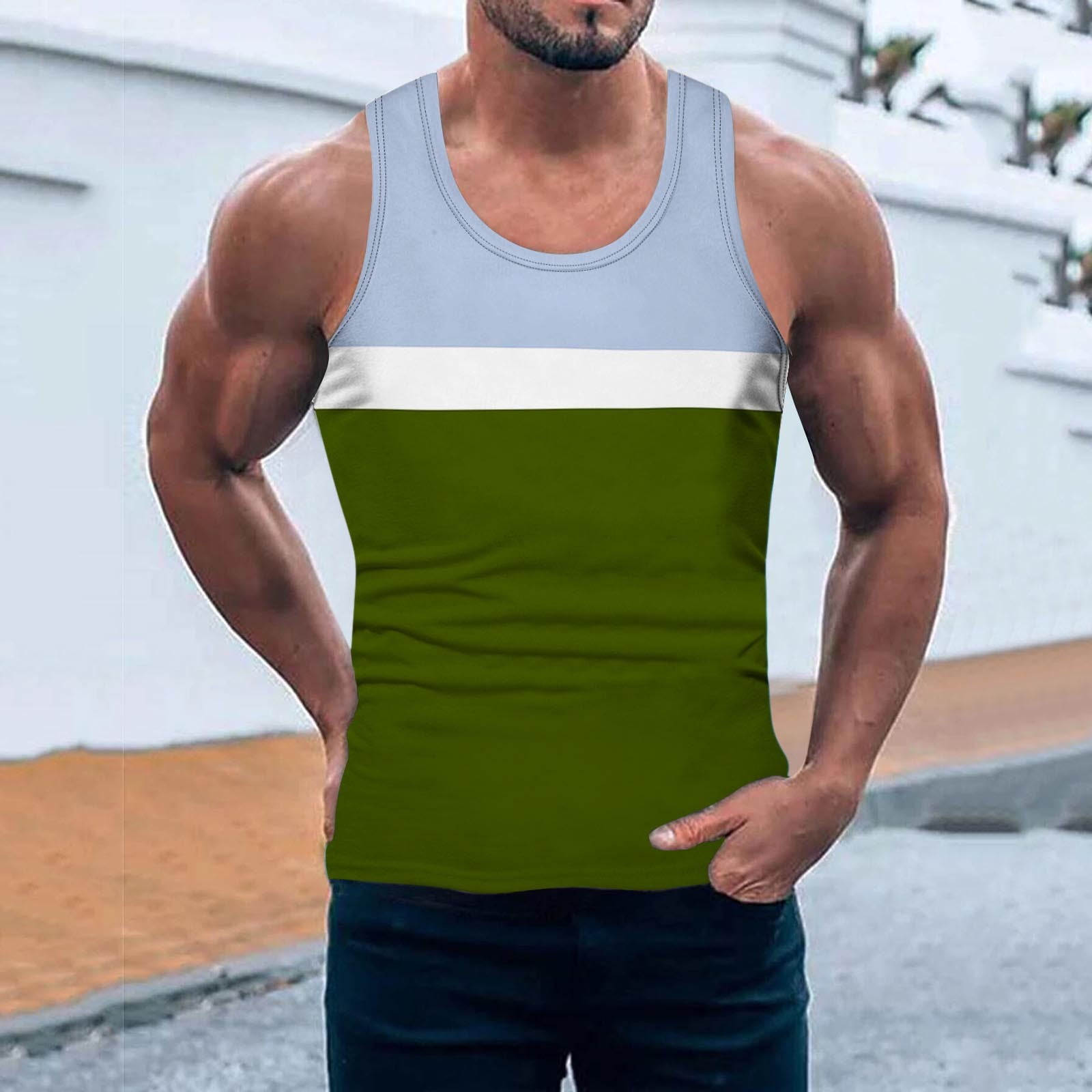 Army Green Tank Tops Men Summer Striped Casual Beach Top Shirt Elegant