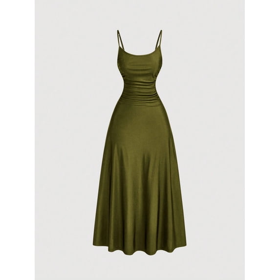 Army Green Waist Ruched Swing Slip Dress For Women, Tea-Length A-Line Summer Dress