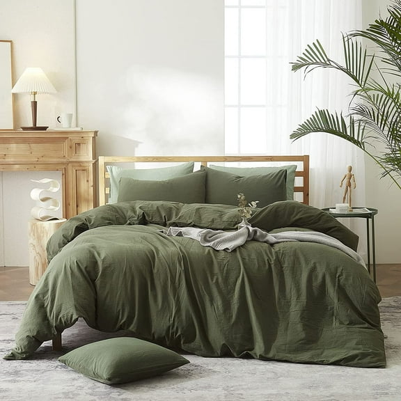 Army Green Washed Cotton Duvet Cover Set Cotton Like Textured Breathable Lightweight Bedding Set,Queen Size