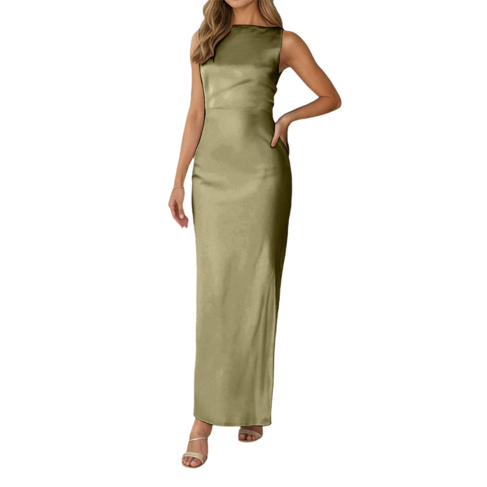 Army Green Wedding Guest Dress Elegant Women's Long Evening Dress Satin ...